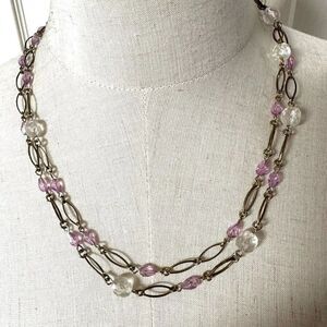 Pink and gold tone long beaded necklace